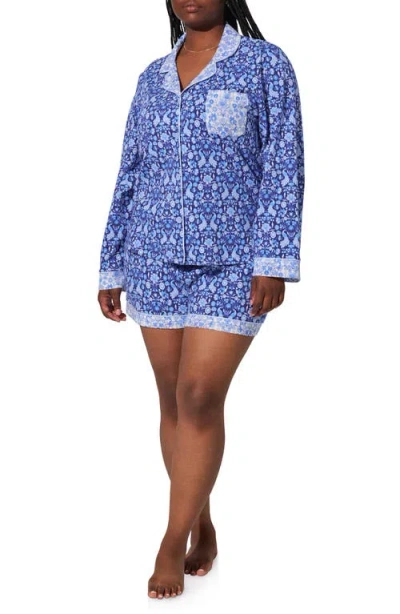 Bedhead Pajamas Print Long Sleeve Stretch Organic Cotton Jersey Short Pajamas In Blue