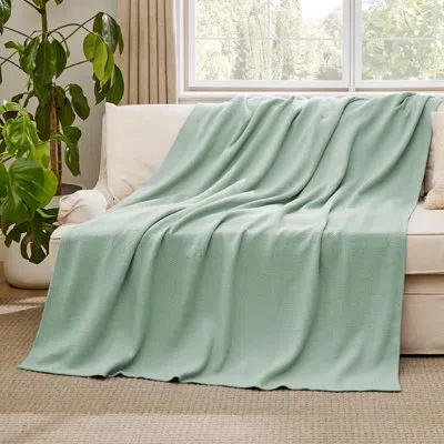 Bedsure 100% Cotton Blanket Soft Cozy Textured Herringbone Woven Blanket For All Seasons In Sage Green