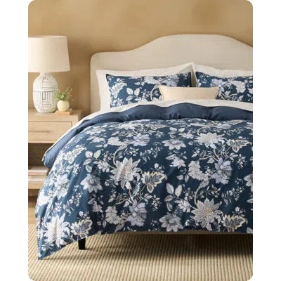 Bedsure 100% Cotton Reversible Duvet Cover - Vintage Navy Floral Pattern Printed Comforter Cover With Zipper