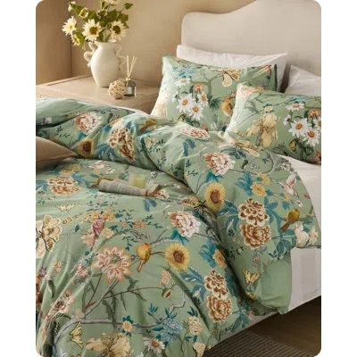 Bedsure 100% Cotton Reversible Floral Duvet - Flowers And Birds Pattern Printed Comforter Cover With Zipper  In Hedge Green