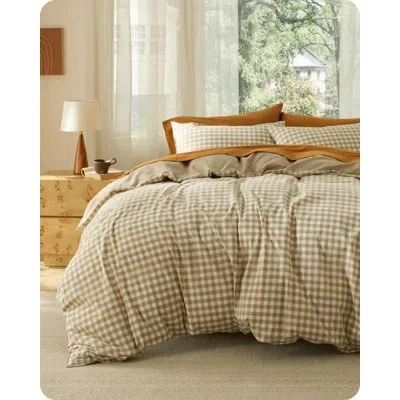 Bedsure 100% Washed Cotton Duvet Cover King Size, Classic Yarn-dyed Gingham Duvet Cover Set Enhances Bedroom In Travertine