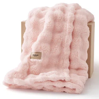 Bedsure 3d Fleece Bubble Blanket For Couch - Gentlesoft Green Spring Throw Blanket For Sofa Bed Home Decor - In Pink