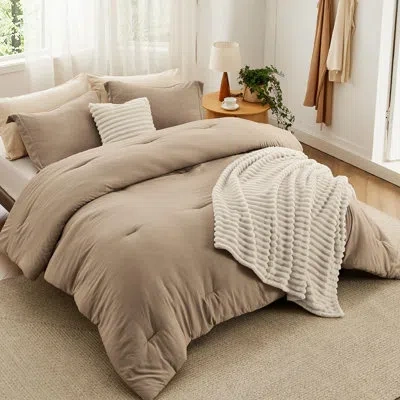 Bedsure Best Seller  All Season Boho Comforter Set With Throw Blanket And Decorative Pillow-89gsm In Khaki