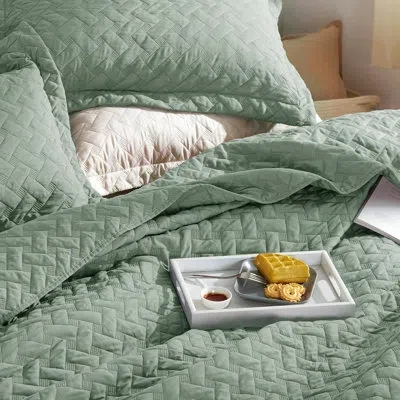 Bedsure Best Seller Quilted Blanket - Textured Weave Pattern, Airy Lightweight Bed Covering,85gsm In Sage Green