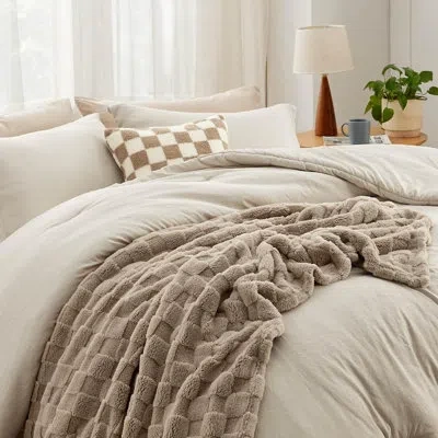 Bedsure Boho Comforter Set With Plaid Throw Blanket And Decorative Pillow In Linen Plaid