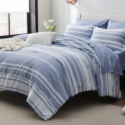 Bedsure Comforter Set 7 Pieces, Bedding Set For Bed Reversible, Cationic Dyeing Bed In A Bag With Comforter, In Blue Striped