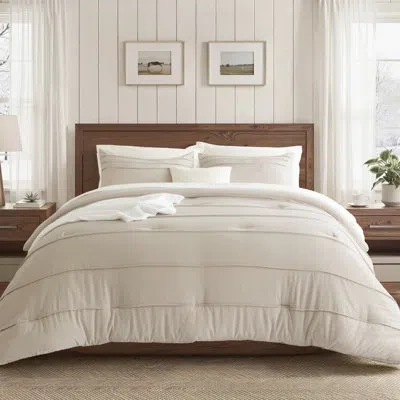Bedsure Comforter Set, Beige Soft Prewashed Bedding, 3 Pieces Striped Pleat Bed Set For All Seasons, 1 Comfo