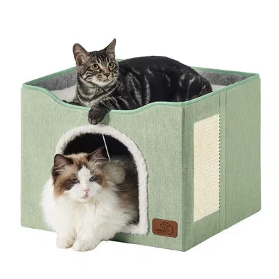 Bedsure Cozy Indoor Cat Cave Bed, Foldable Extra Wide Cube Hideaway With Hanging Fluffy Ball & Scratch Pad F In Green