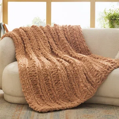 Bedsure Essential  100% Hand Knit Chenille Chunky Throw Blanket For Couch In Orange