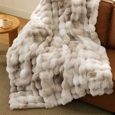 Bedsure Fluffy Faux Fur Throw Blanket For Couch Bed Sofa Chair, Soft Fuzzy Bubble Blanket Home Decor Gifts F In Oat Milk