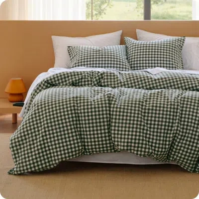 Bedsure Gingham Duvet Cover Set, 100% Washed Cotton Duvet Cover Linen‑like, Purewoven With Reversible Yarn‑d In Beetle,pure White
