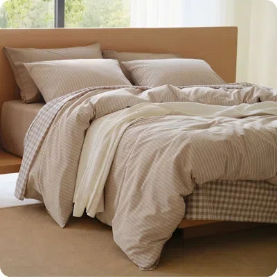 Bedsure Gingham Duvet Cover Set, 100% Washed Cotton Duvet Cover Linen‑like, Purewoven With Reversible Yarn‑d In Neutral