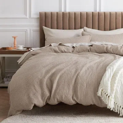 Bedsure Luxury Soft 100% Cotton Waffle Weave Plaid Duvet Cover In Khaki