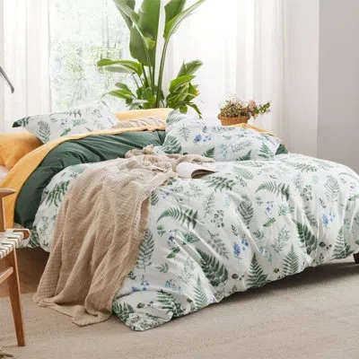 Bedsure Plants Botanical Duvet Cover Set With Zipper Closure In Mallard Green