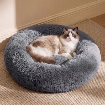 Bedsure Plush Donut Cat Bed For Indoor Cats And Small Dogs, Soft Round Pet Bed With Washable Cuddler In Gray