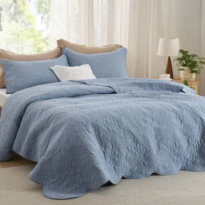 Bedsure Pre-washed Quilt Set - Ultra Soft Bedspread In Mineral Blue Leaf