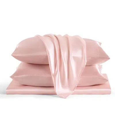 Bedsure Satin Sheets Queen Size–4 Piece Silky Bed Set, 15" Deep Pocket Fitted Sheet, Flat Sheet & 2 Pillowca In Pink