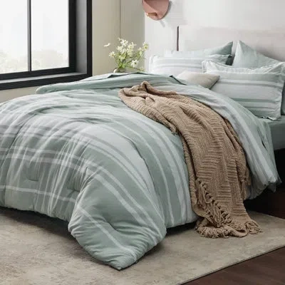 Bedsure Striped All Season Comforter Set In Sage Green