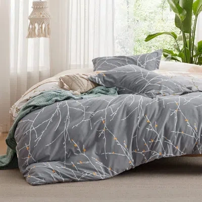 Bedsure Tree Botanical Duvet Cover Set With Zipper Closure In Grey,ivory (no Comforter)