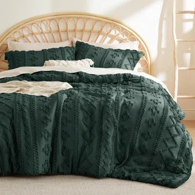 Bedsure Tufted Boho King Comforter Set – 3-piece Dark Green Shabby Bedding，farmhouse Jacquard Bed Set With E
