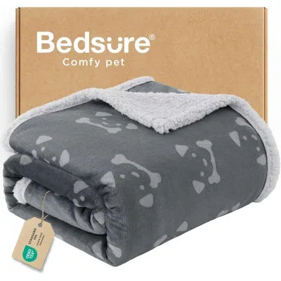 Bedsure Waterproof Pet Throw Blanket For Small Dogs And Cats, Reversible Printed Sherpa Fleece Washable Furn In Gray