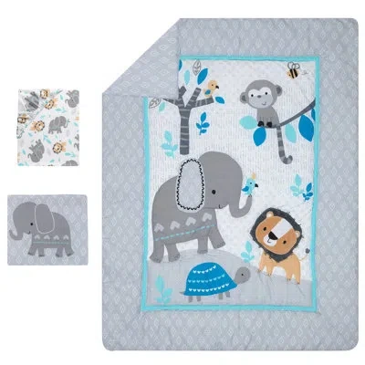 Bedtime Originals Jungle Fun Gray/blue/white Elephant, Lion And Monkey 3-piece Baby Nursery Crib Bedding Set In Blue;white;gray