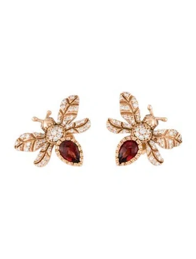 Pre-owned Bee Goddess 14k Garnet & Diamond Bee Stud Earrings In Multi