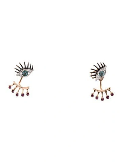 Pre-owned Bee Goddess 14k Ruby & Diamond Eye Light Earrings In Multi