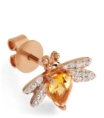 Bee Goddess Rose Gold, Diamond And Citrine Queen Bee Earring In Yellow