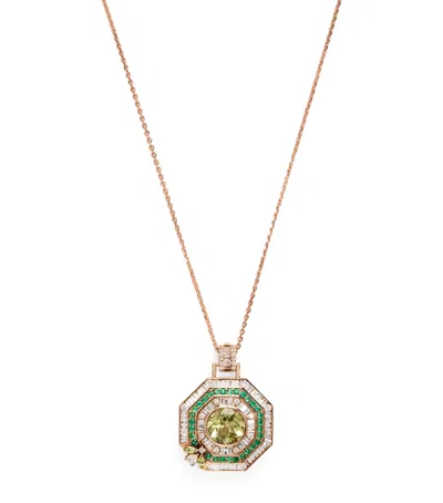 Bee Goddess Yellow Gold, Diamond, Peridot And Emerald Honey Queen Bee Pendant