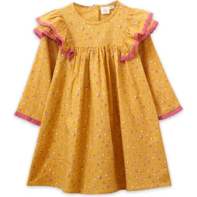 Beet World Babies'  Toddler Flutter Sleeves Dress With Lace Trim | Provence Meadow In Mustard