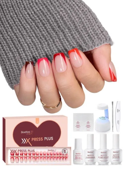 Beetles Red French Tip Press On Nail Studio Kit Short Square In White