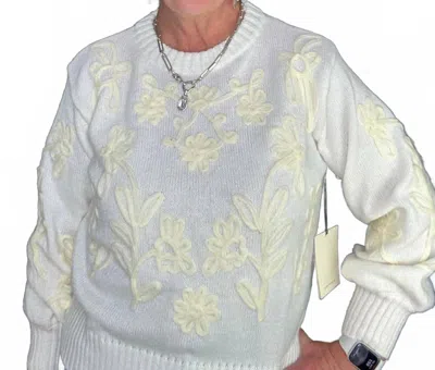 Before You Collection Flower Embroidered Puff Sleeve Sweater In Ivory In White