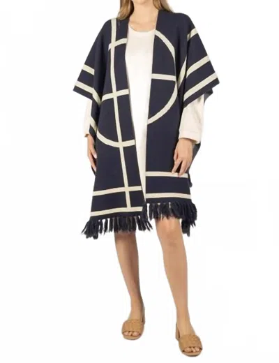 Before You Collection Fringed Geometric Pattern Shawl In Navy/ivory In Multi