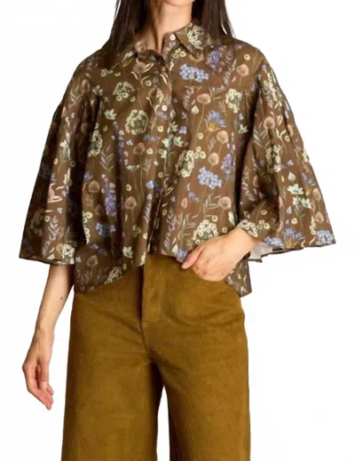 Before You Collection Print Poplin Flowy Sleeve Blouse In Brown