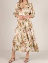 Before You Collection Print Satin Billowy Sleeve Maxi Dress In Beige/olive Multi In Multi