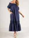 Before You Collection Smocked Off Shoulder Seersuck Midi Dress In Navy In Blue