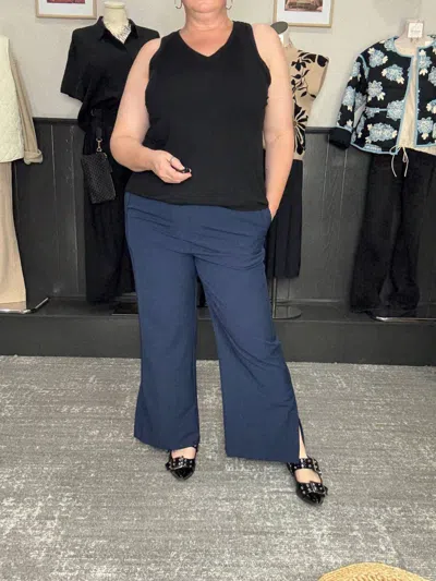 Before You Collection Wide Leg Side Slit Pants In Navy In Blue