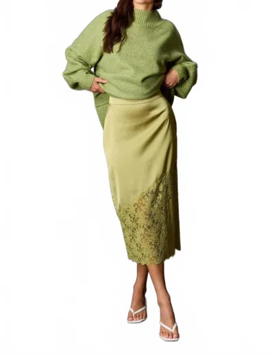 Before You Satin Asymmetrical Lace Contrast Pencil Midi Skirt In Light Moss In Green