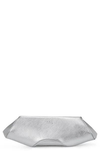 Behno Mini Elizabeth Baguette Metallic Leather Frame Clutch In Silver