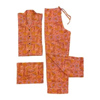 Behotribe  &  Nekewlam Pyjama Set Cotton Floral Block Print Apricot In Neutral