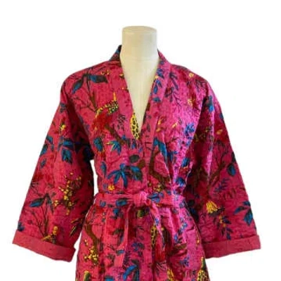 Behotribe  &  Nekewlam Dressing Gown Cotton Kantha Birds And Flowers In Pink