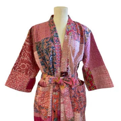 Behotribe  &  Nekewlam Dressing Gown Cotton Kantha Patchwork Pink In Black
