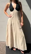 Beige Botany Linen Color Block Halter Dress In Beige/black In Multi