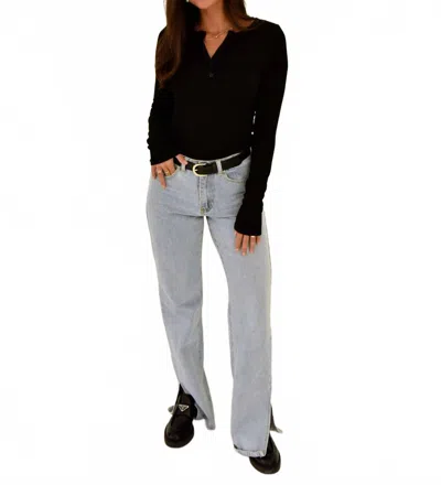 Beige Botany Ribbed Henley Basic Top In Black