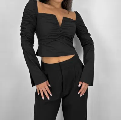 Beige Botany Ruched Long Sleeve V Neck Top In Black