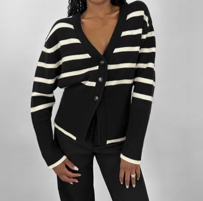 Beige Botany Striped V Neck Knit Cardigan In Black And Cream In Multi