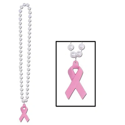 Beistle Beads With Pink Ribbon Medallion In White
