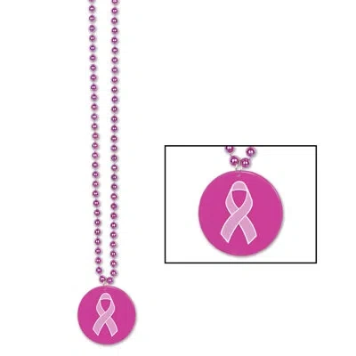 Beistle Beads With Printed Pink Ribbon Medallion