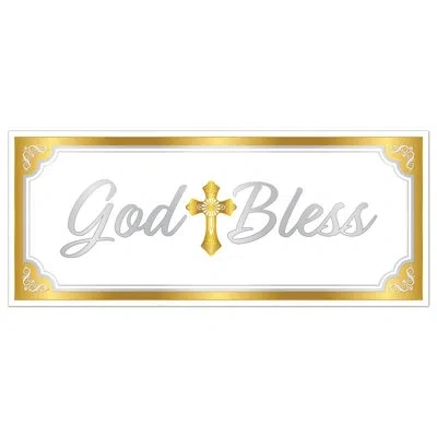 Beistle God Bless Oversized Plastic Sign Banner, 30" X 6' In White;silver;gold